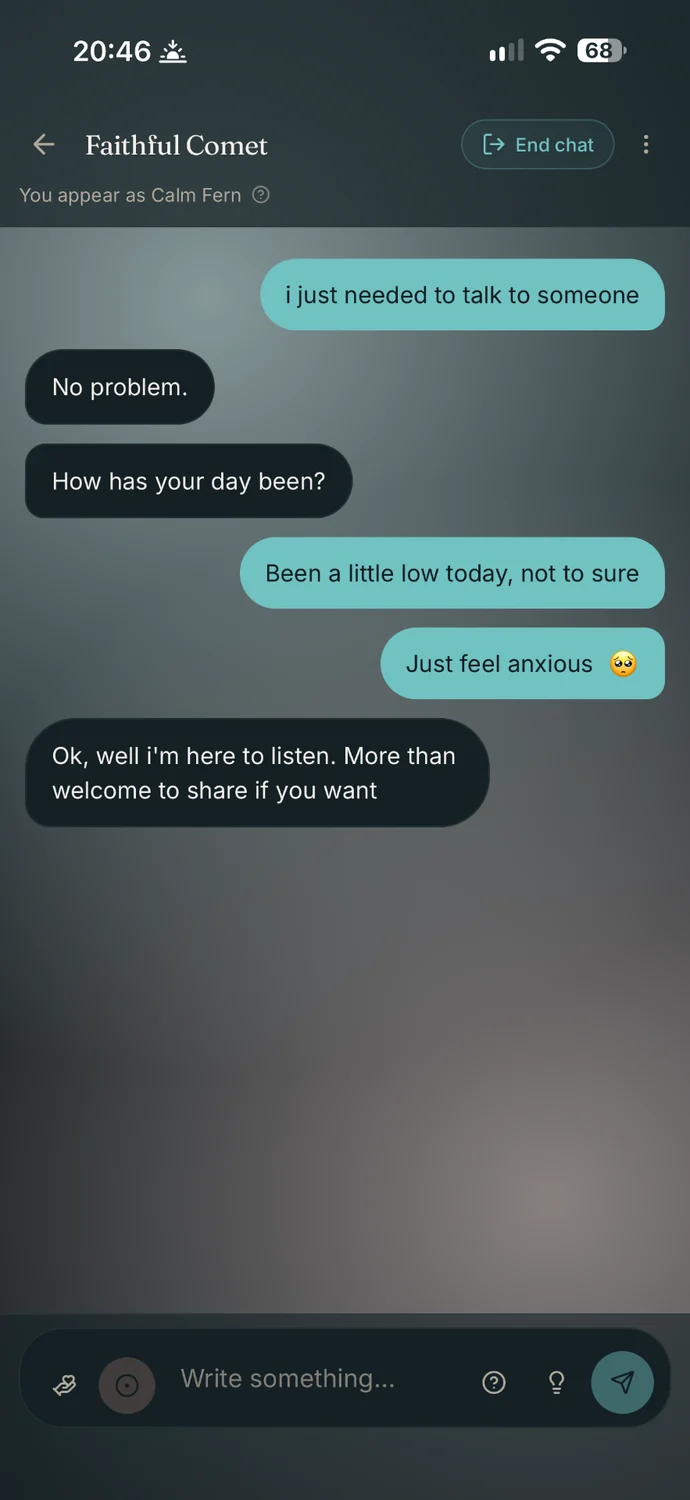 A Solaces chat between two people with made-up names.