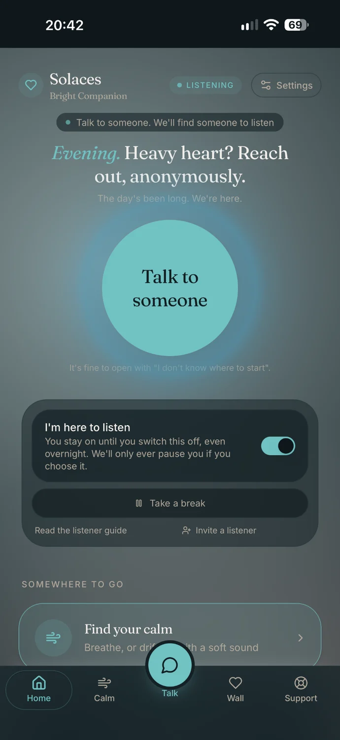 The Solaces home screen, with one large Talk to someone button.