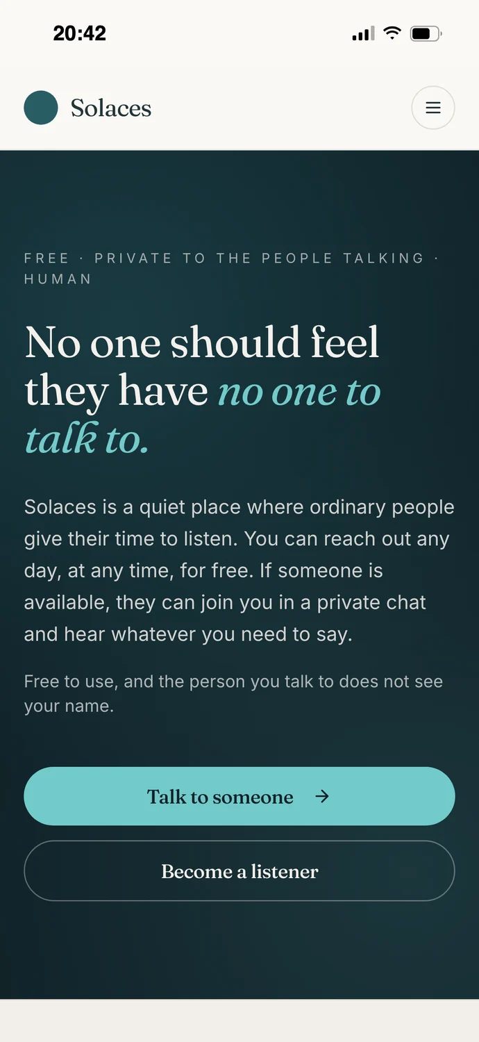 The Solaces welcome page on a phone: No one should feel they have no one to talk to.